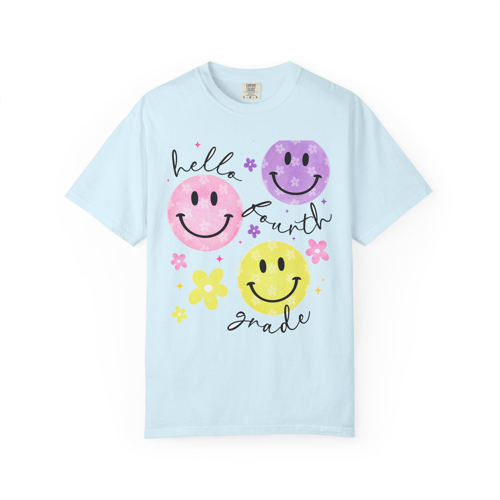 Hello Fourth Grade Smiley Face Back to School T-Shirt - Chambray Comfort Colors Garment-Dyed Tee