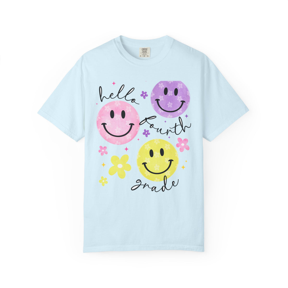 Hello Fourth Grade Smiley Face Back to School T-Shirt - Chambray Comfort Colors Garment-Dyed Tee