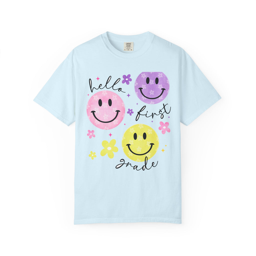 Hello First Grade Smiley Face Back to School T-Shirt - Chambray Comfort Colors Garment-Dyed Tee