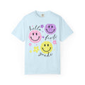 Hello First Grade Smiley Face Back to School T-Shirt - Chambray Comfort Colors Garment-Dyed Tee