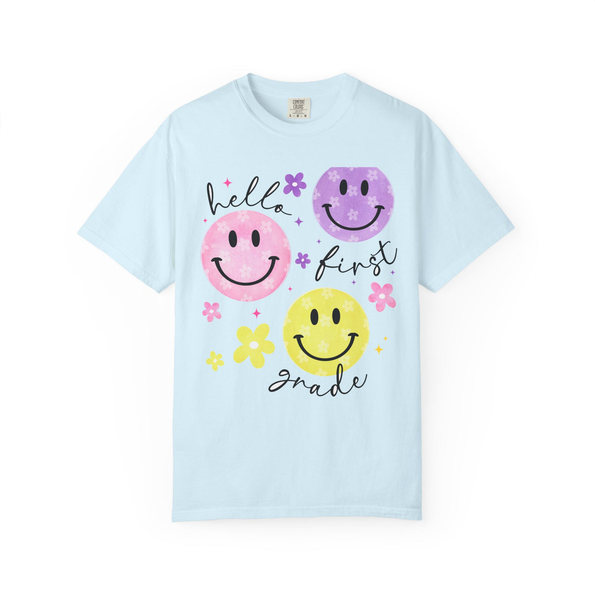 Hello First Grade Smiley Face Back to School T-Shirt - Chambray Comfort Colors Garment-Dyed Tee