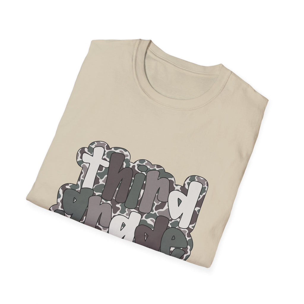 Hello Third Grade Camo Back to School T-Shirt - Sand Gildan Softstyle Tee