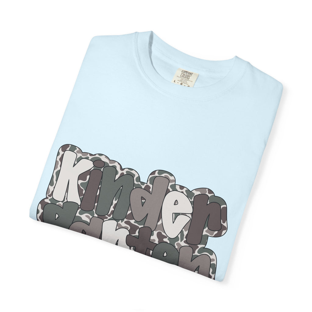 Hello Kindergarten Camo Back to School T-Shirt - Chambray Comfort Colors Garment-Dyed Tee