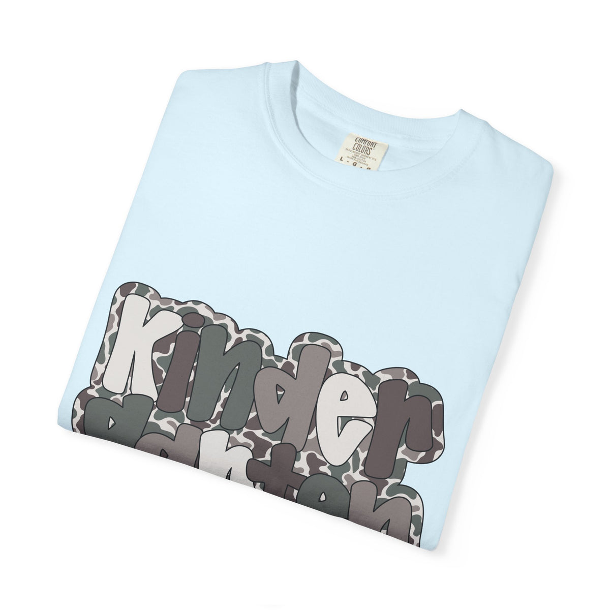 Hello Kindergarten Camo Back to School T-Shirt - Chambray Comfort Colors Garment-Dyed Tee