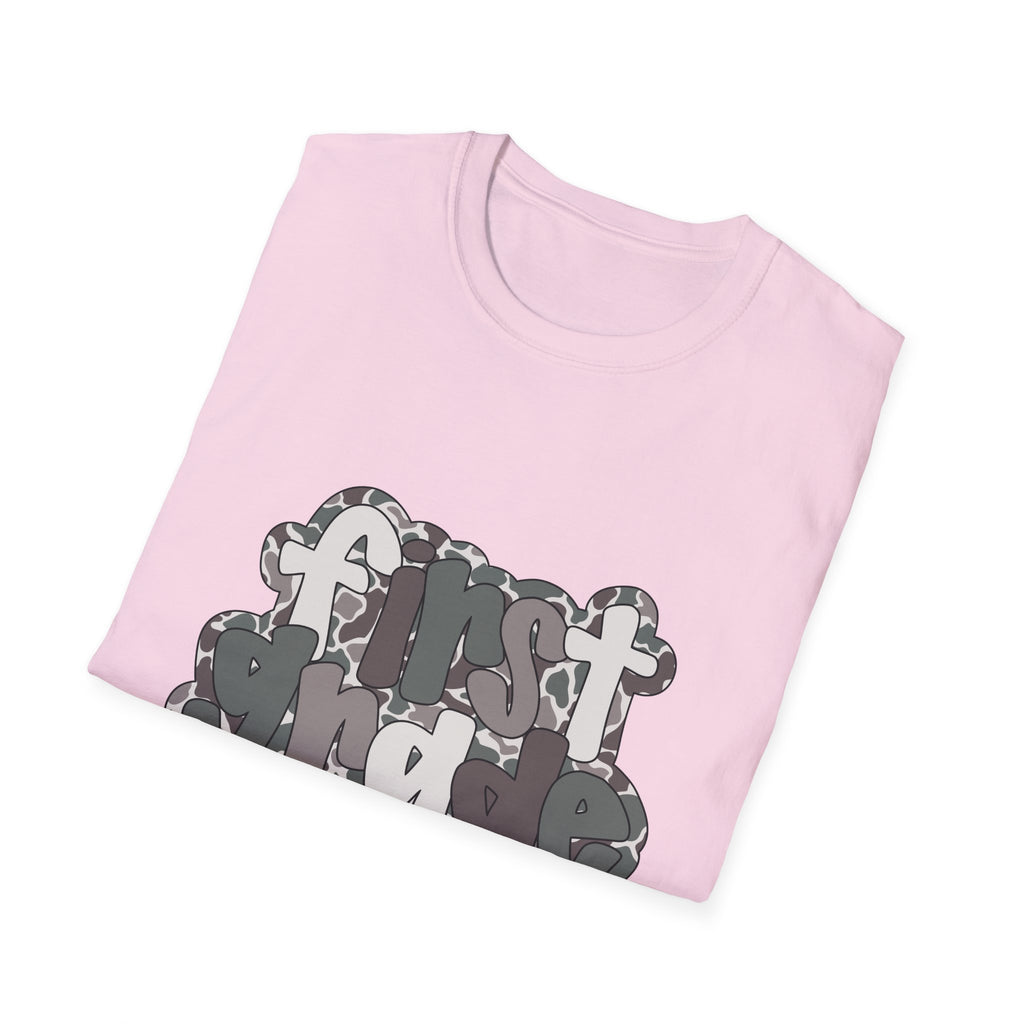 Hello First Grade Camo Back to School T-Shirt - Light Pink Gildan Softstyle Tee