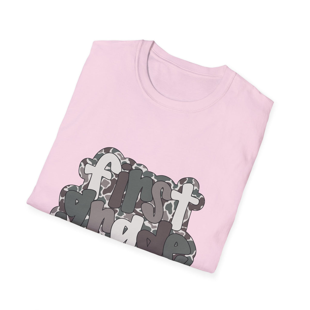 Hello First Grade Camo Back to School T-Shirt - Light Pink Gildan Softstyle Tee