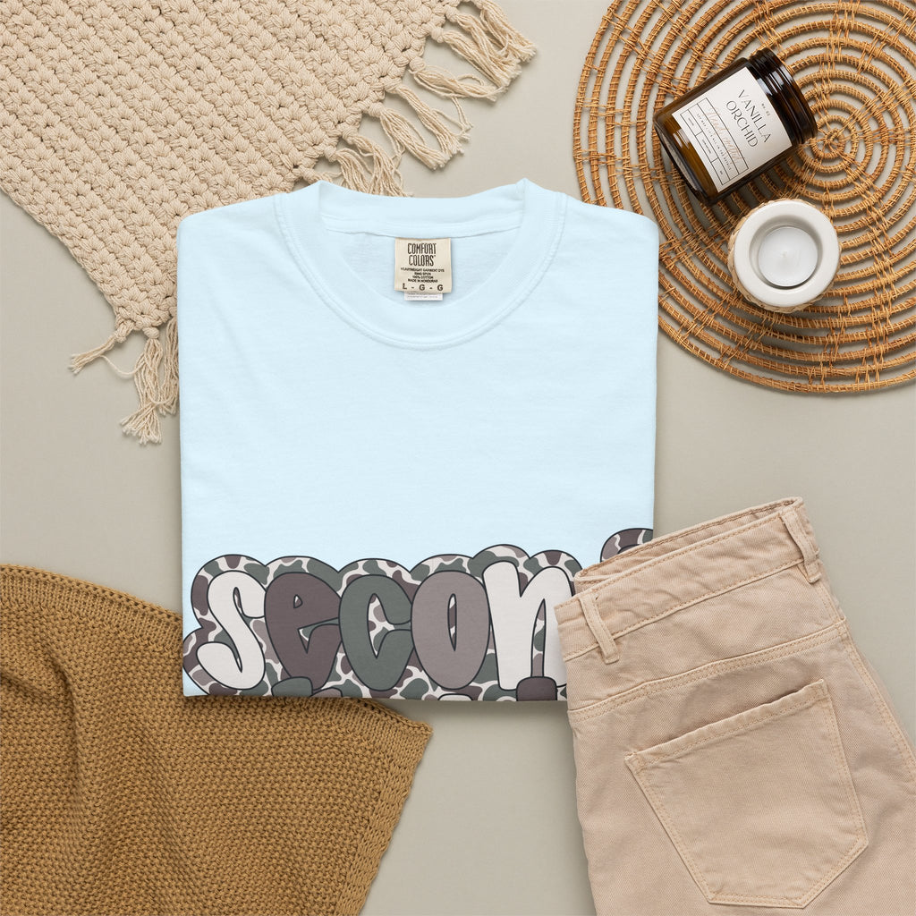 Hello Second Grade Camo Back to School T-Shirt - Chambray Comfort Colors Garment-Dyed Tee