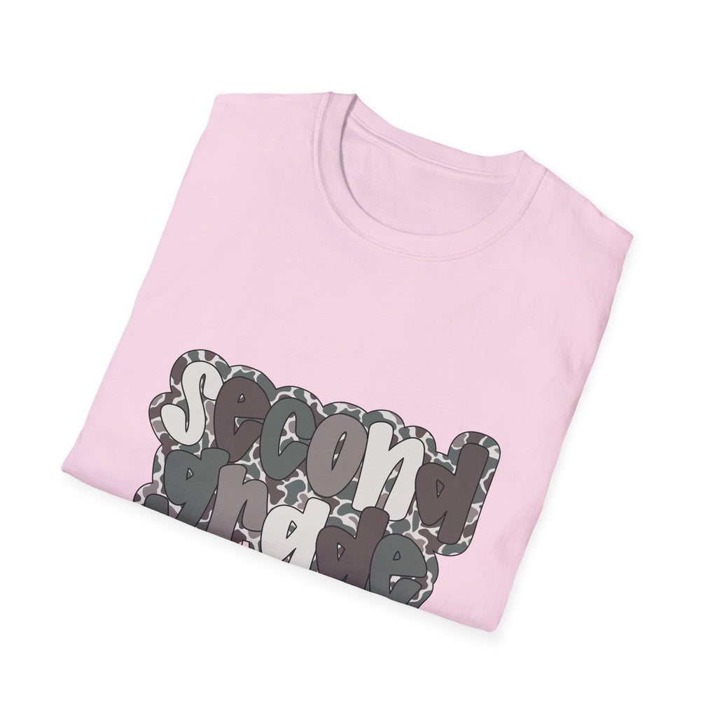 Hello Second Grade Camo Back to School T-Shirt - Light Pink Gildan Softstyle Tee