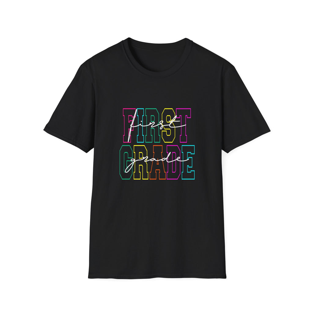 Neon First Grade Back to School T-Shirt - Black Gildan Softstyle Tee