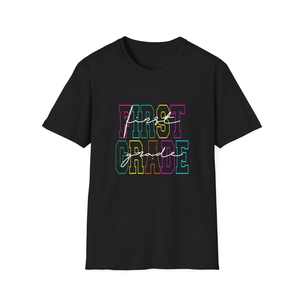 Neon First Grade Back to School T-Shirt - Black Gildan Softstyle Tee