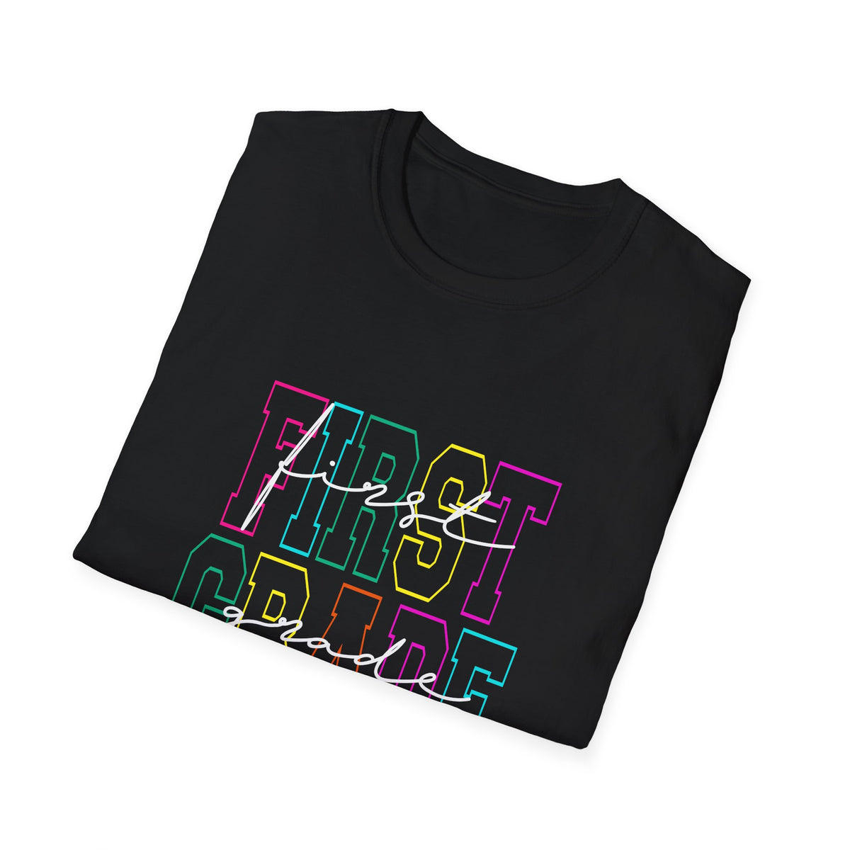 Neon First Grade Back to School T-Shirt - Black Gildan Softstyle Tee