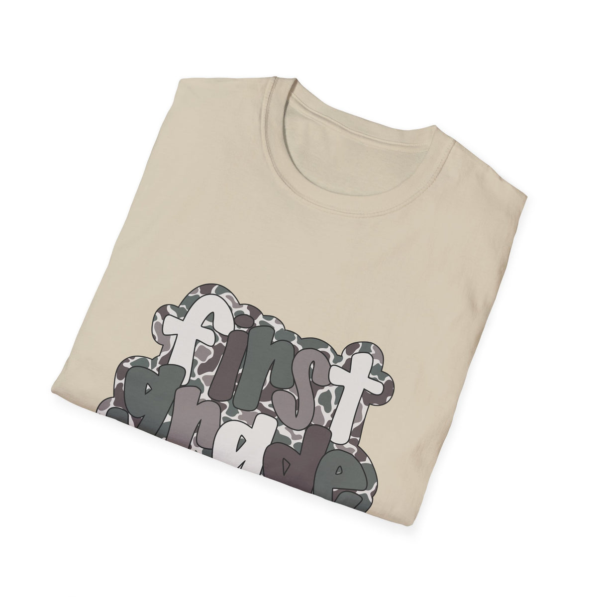 Hello First Grade Camo Back to School T-Shirt - Sand Gildan Softstyle Tee
