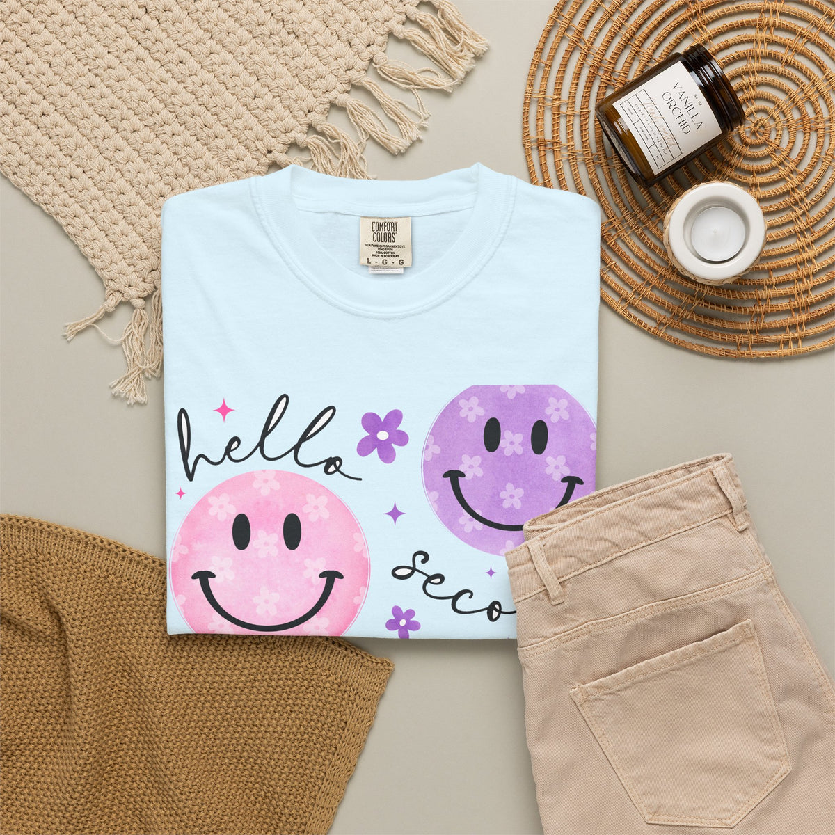 Hello Second Grade Smiley Face Back to School T-Shirt - Chambray Comfort Colors Garment-Dyed Tee