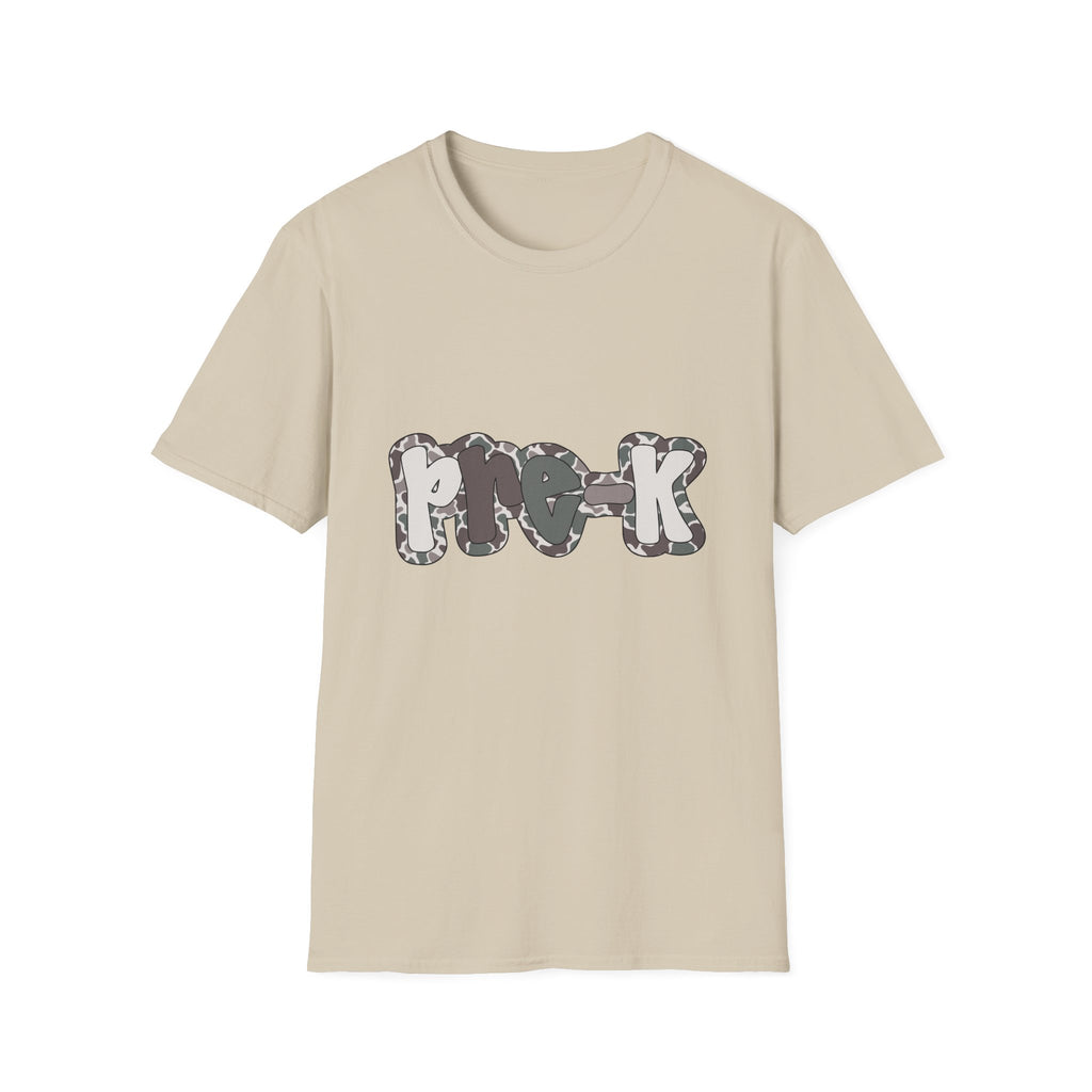 Hello Pre-K Camo Back to School T-Shirt - Sand Gildan Softstyle Tee