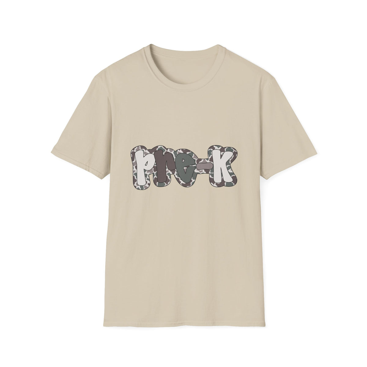 Hello Pre-K Camo Back to School T-Shirt - Sand Gildan Softstyle Tee