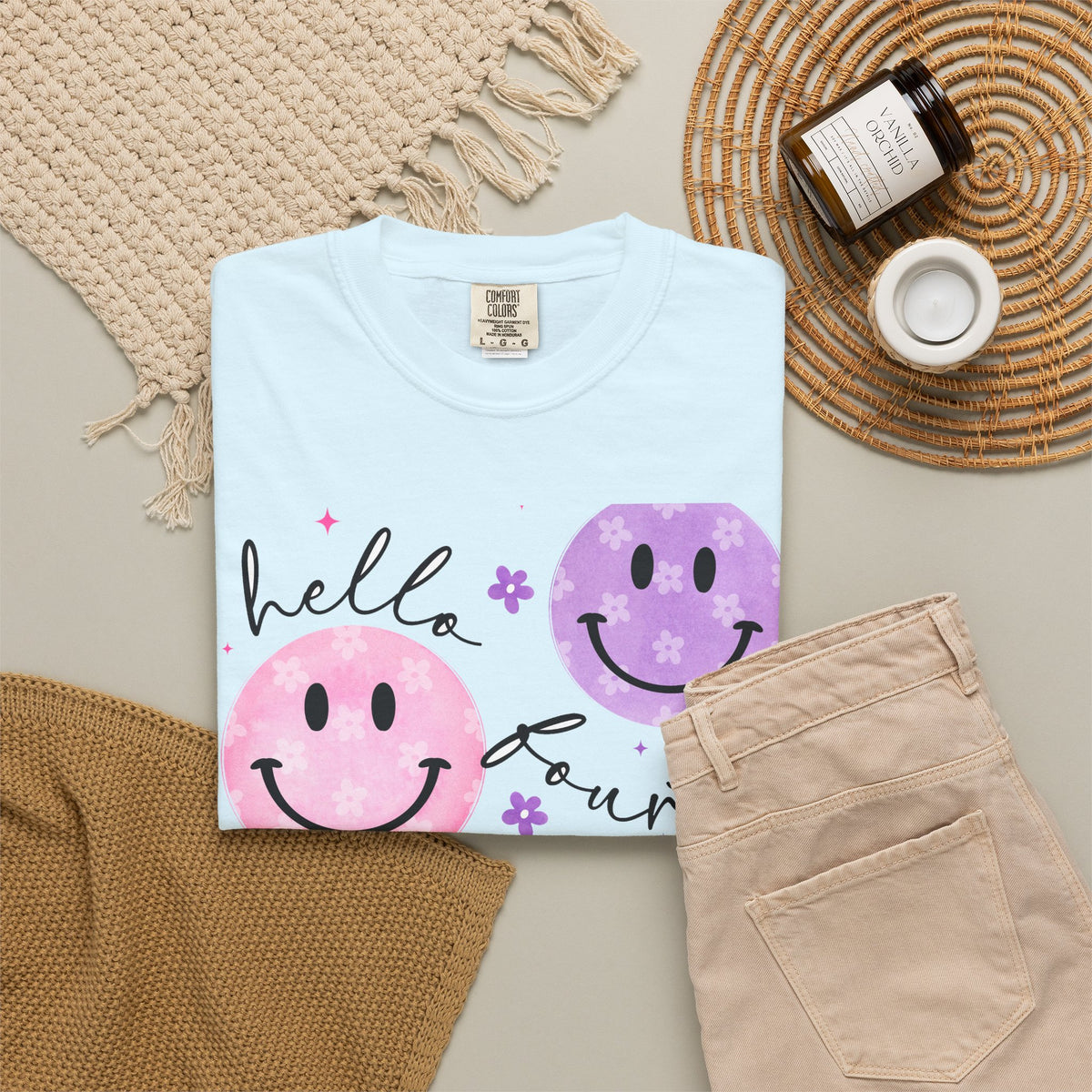 Hello Fourth Grade Smiley Face Back to School T-Shirt - Chambray Comfort Colors Garment-Dyed Tee