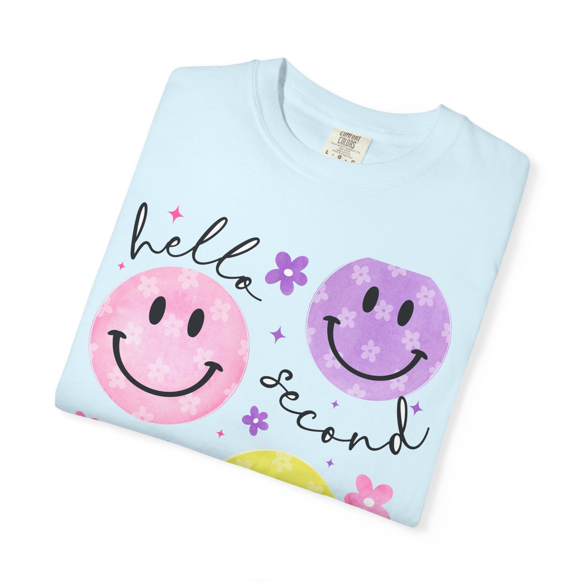Hello Second Grade Smiley Face Back to School T-Shirt - Chambray Comfort Colors Garment-Dyed Tee