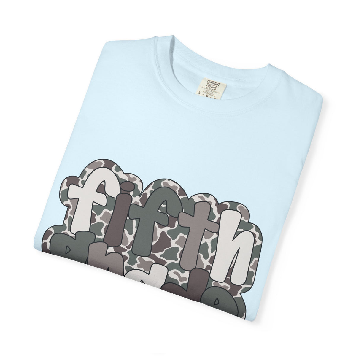 Hello Fifth Grade Camo Back to School T-Shirt - Chambray Comfort Colors Garment-Dyed Tee