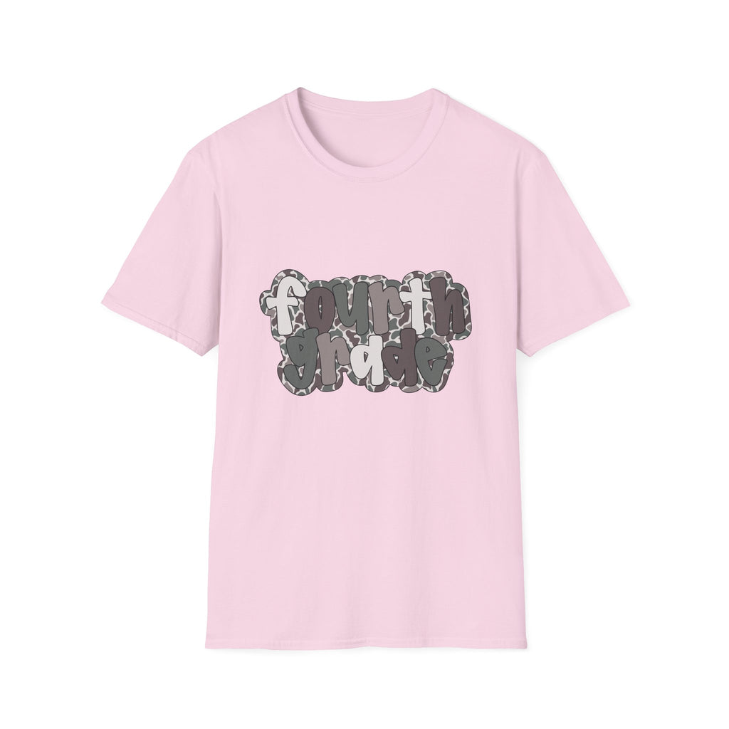 Hello Fourth Grade Camo Back to School T-Shirt - Light Pink Gildan Softstyle Tee