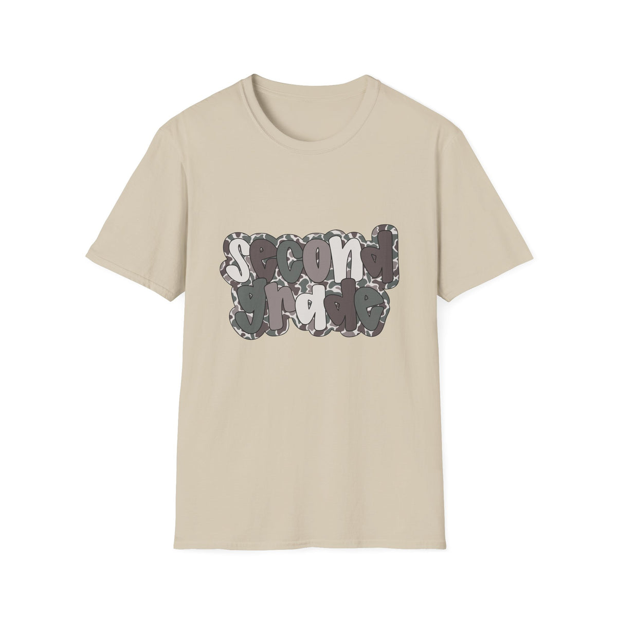 Hello Second Grade Camo Back to School T-Shirt - Sand Gildan Softstyle Tee