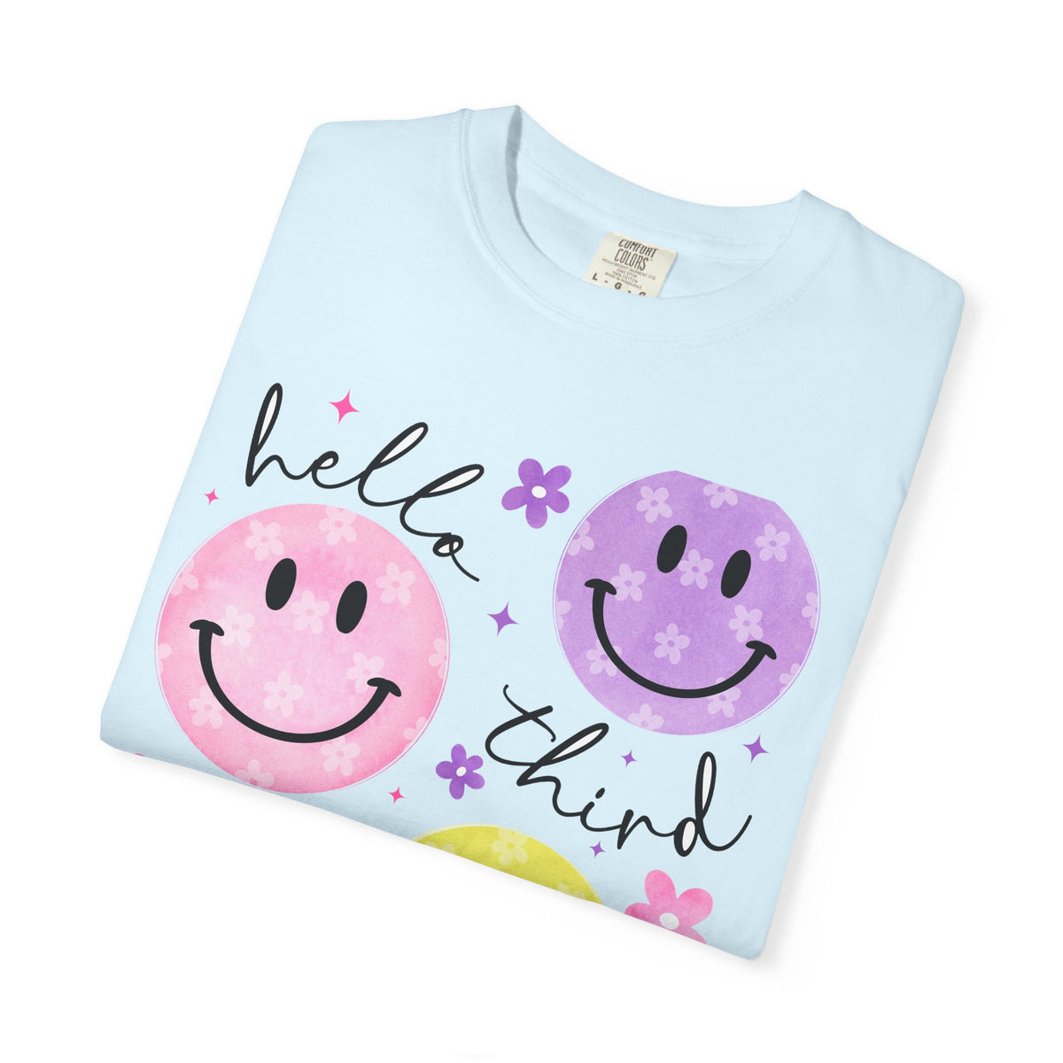 Hello Third Grade Smiley Face Back to School T-Shirt - Chambray Comfort Colors Garment-Dyed Tee