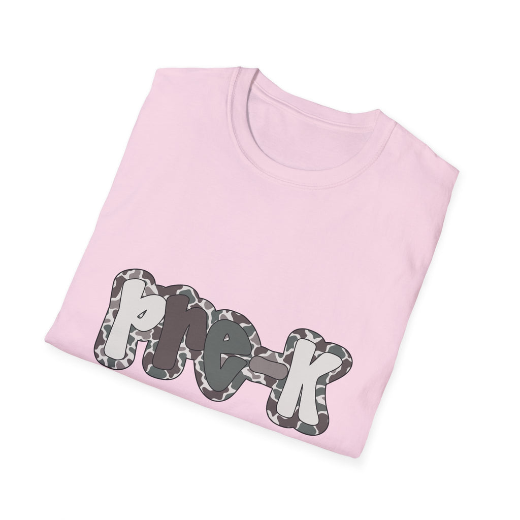 Hello Pre-K Camo Back to School T-Shirt - Light Pink Gildan Softstyle Tee