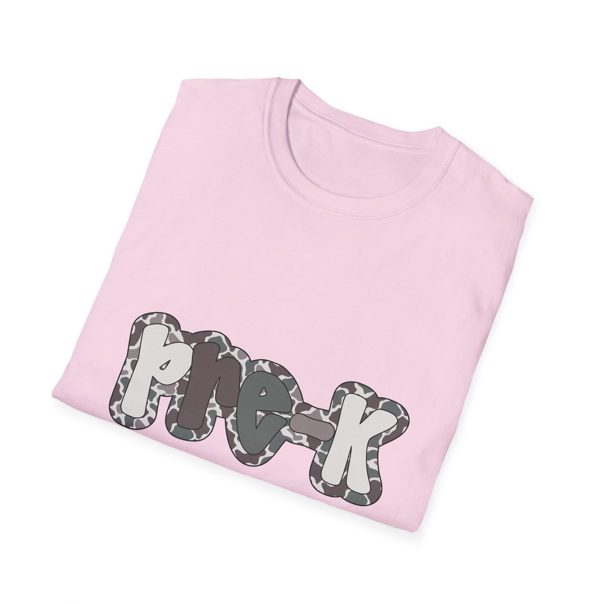 Hello Pre-K Camo Back to School T-Shirt - Light Pink Gildan Softstyle Tee