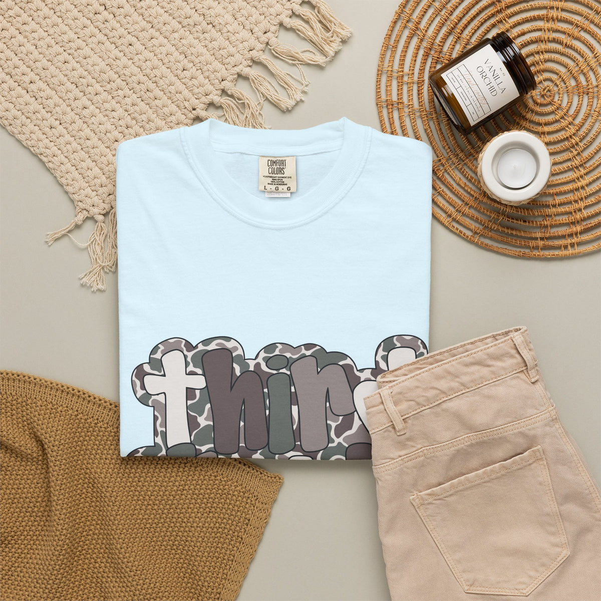 Hello Third Grade Camo Back to School T-Shirt - Chambray Comfort Colors Garment-Dyed Tee