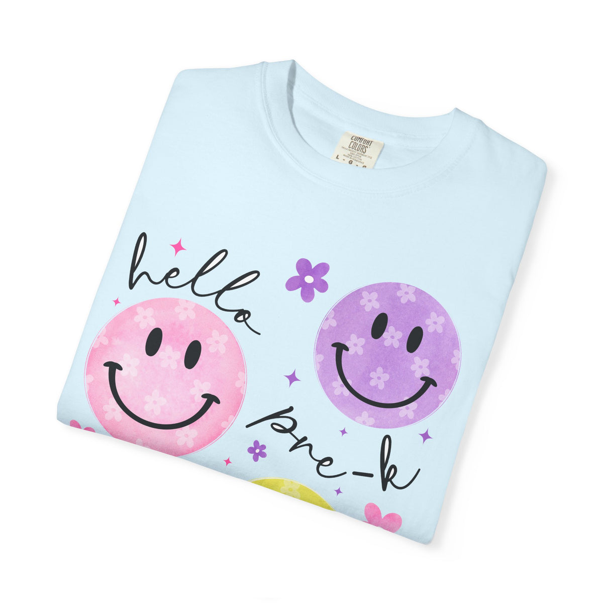 Hello Pre-K Smiley Face Back to School T-Shirt - Chambray Comfort Colors Garment-Dyed Tee