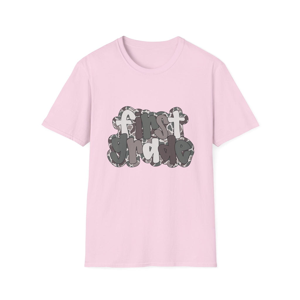 Hello First Grade Camo Back to School T-Shirt - Light Pink Gildan Softstyle Tee