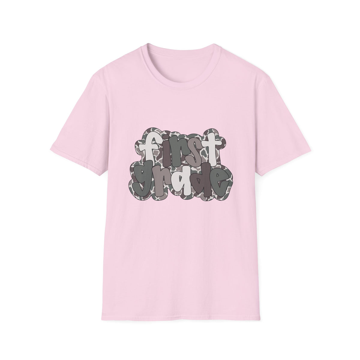 Hello First Grade Camo Back to School T-Shirt - Light Pink Gildan Softstyle Tee