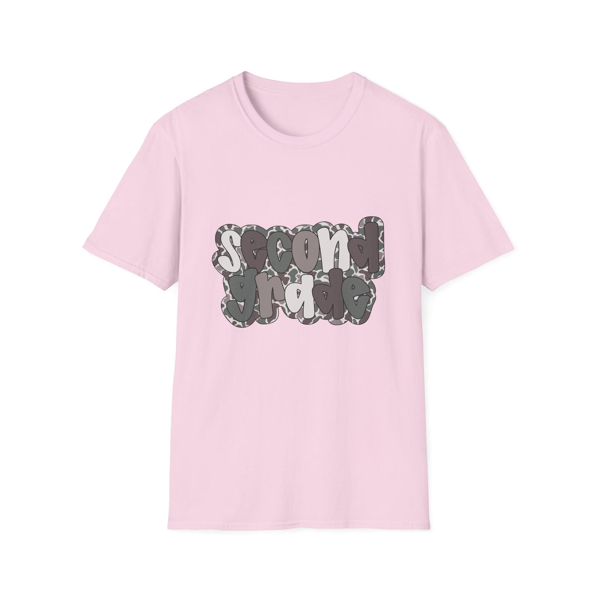 Hello Second Grade Camo Back to School T-Shirt - Light Pink Gildan Softstyle Tee