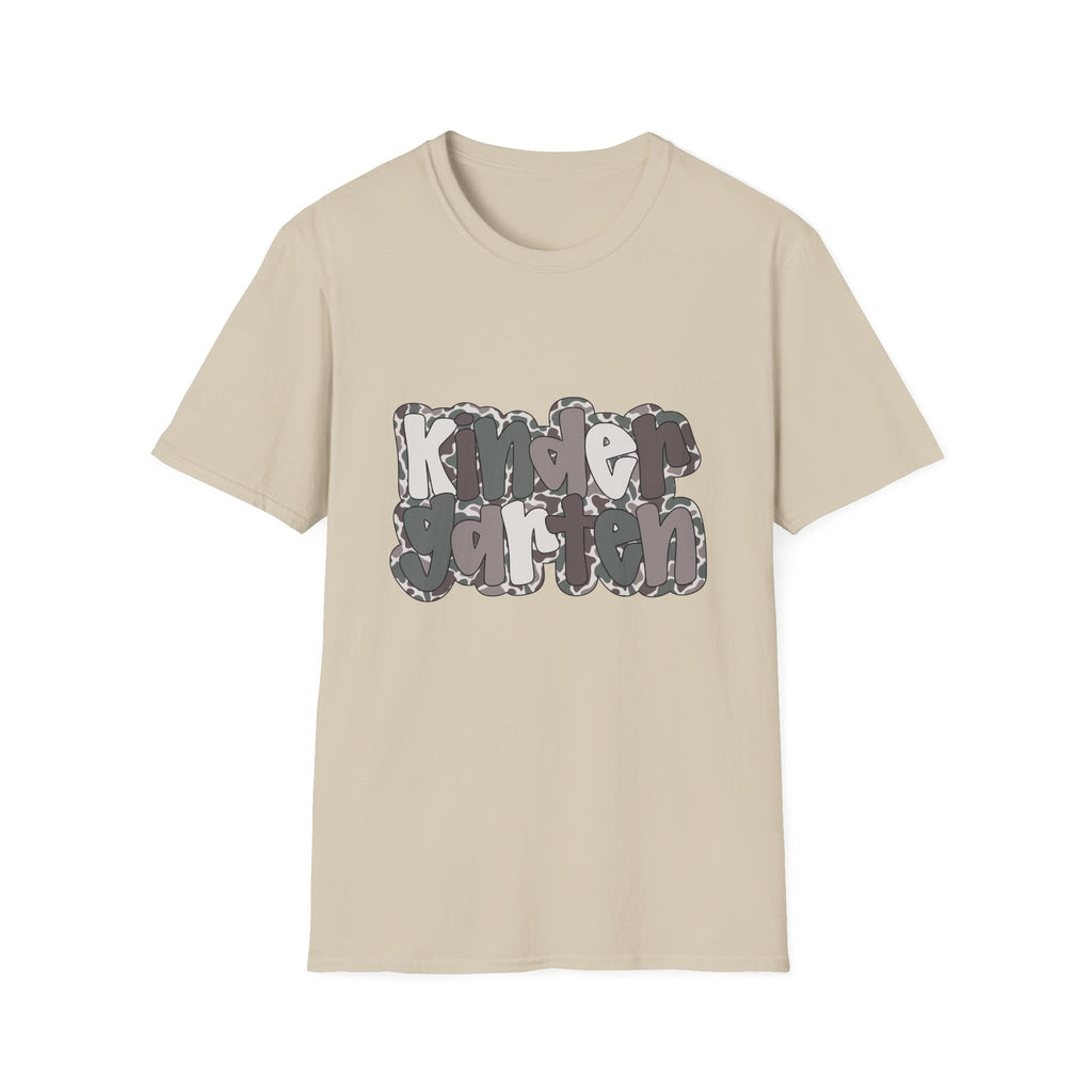 Hello Kindergarten Camo Back to School T-Shirt - Sand Gildan Softstyle Tee