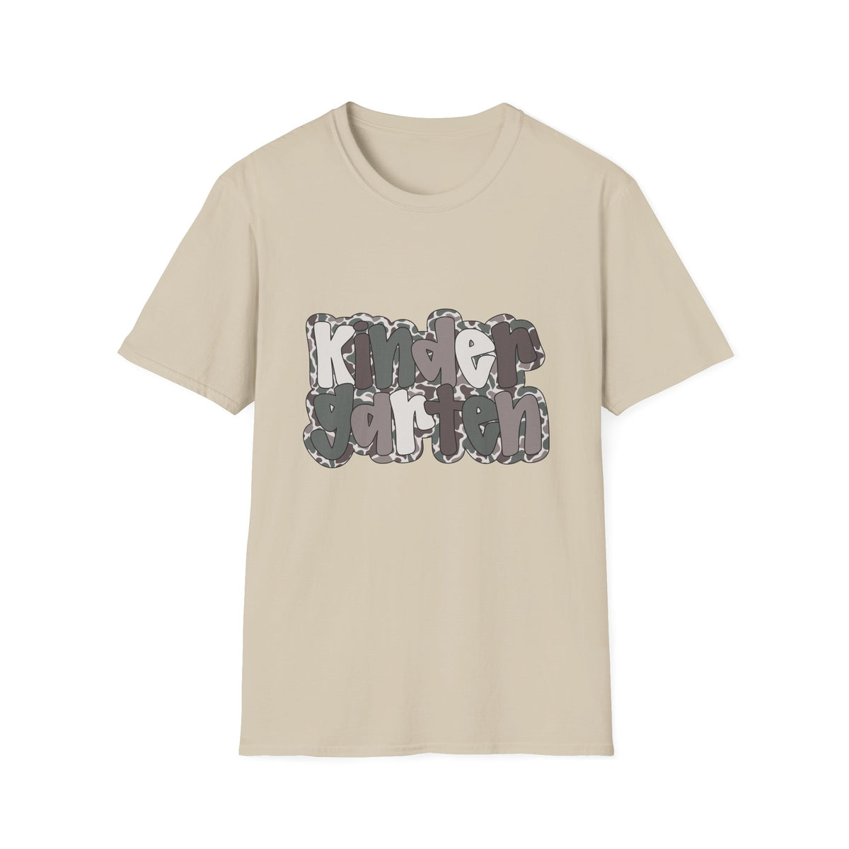 Hello Kindergarten Camo Back to School T-Shirt - Sand Gildan Softstyle Tee