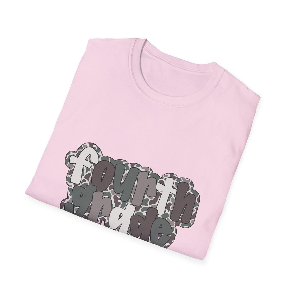 Hello Fourth Grade Camo Back to School T-Shirt - Light Pink Gildan Softstyle Tee