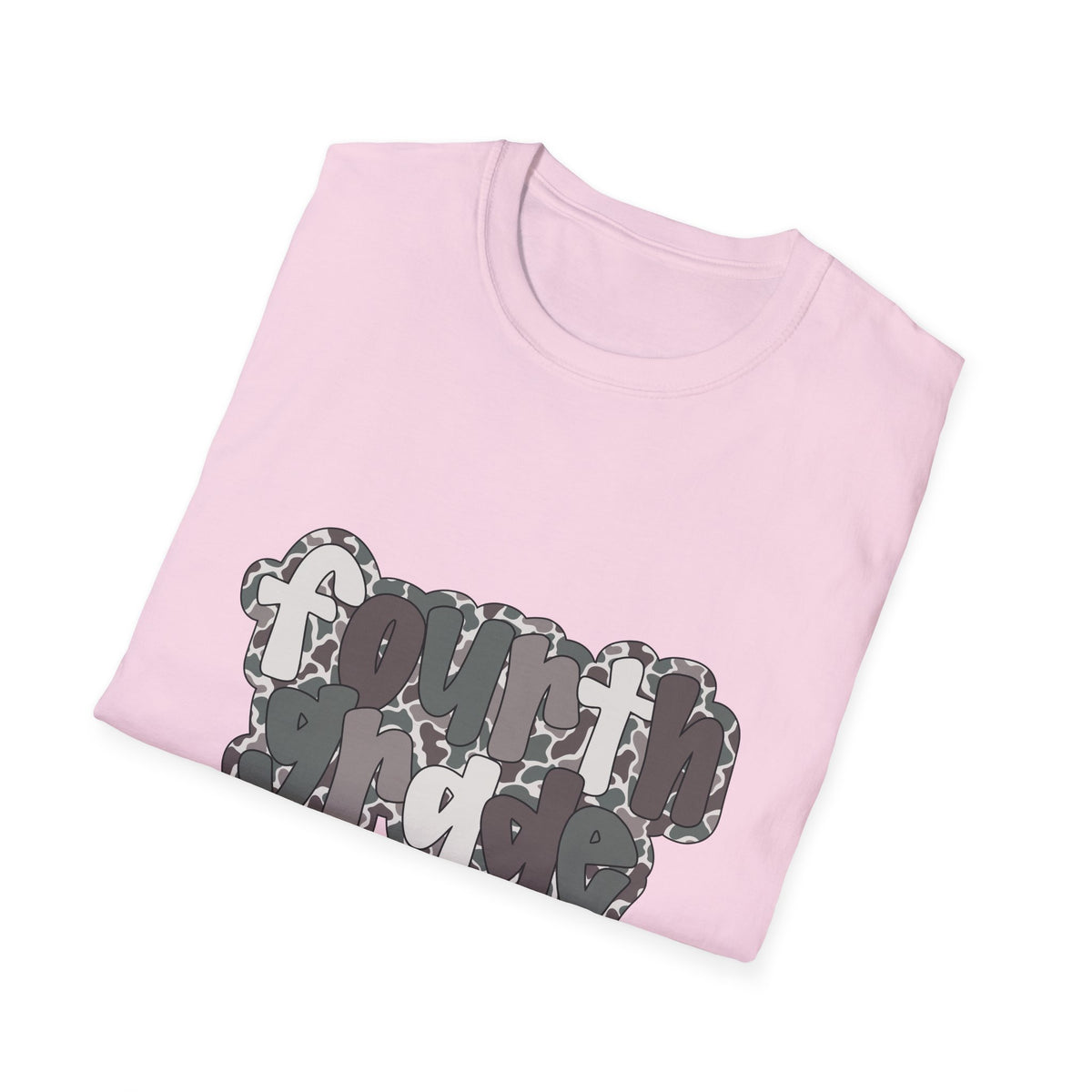 Hello Fourth Grade Camo Back to School T-Shirt - Light Pink Gildan Softstyle Tee