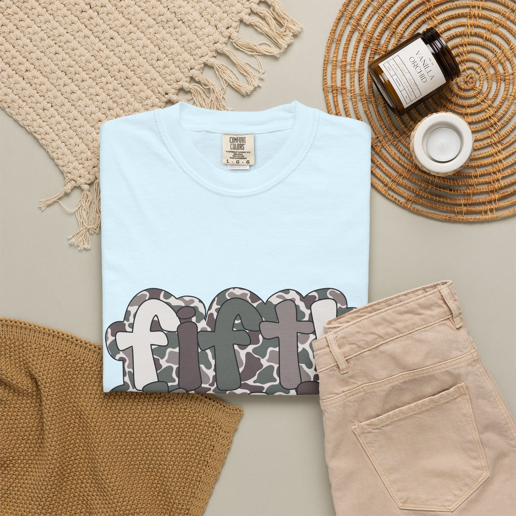 Hello Fifth Grade Camo Back to School T-Shirt - Chambray Comfort Colors Garment-Dyed Tee