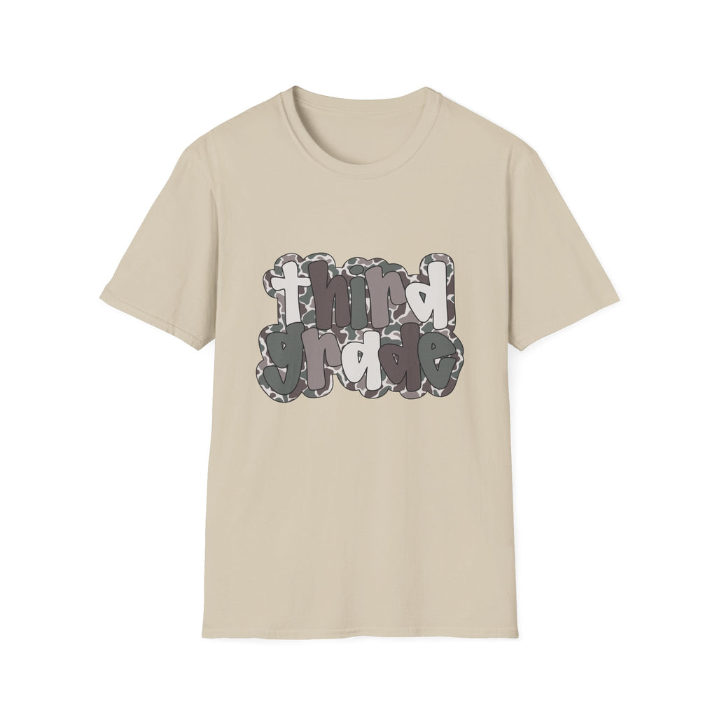 Hello Third Grade Camo Back to School T-Shirt - Sand Gildan Softstyle Tee