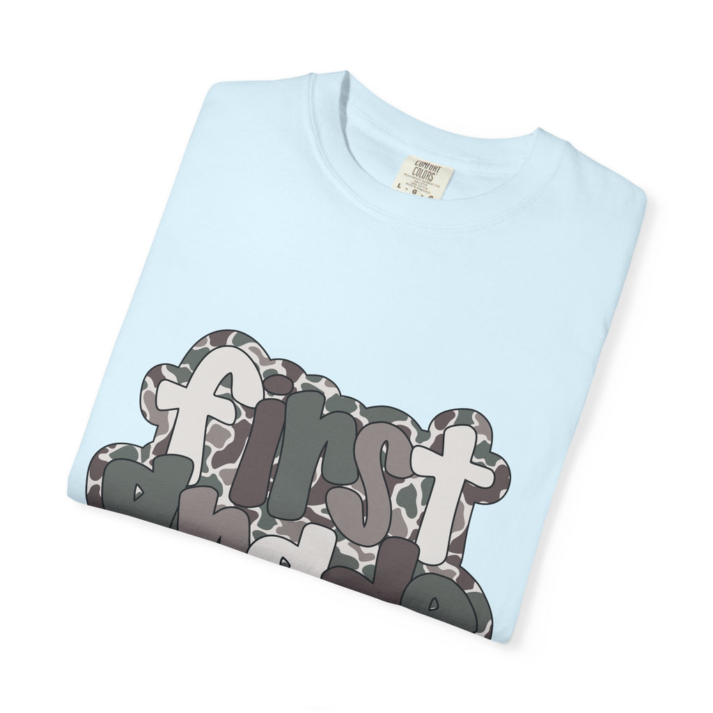 Hello First Grade Camo Back to School T-Shirt - Chambray Comfort Colors Garment-Dyed Tee