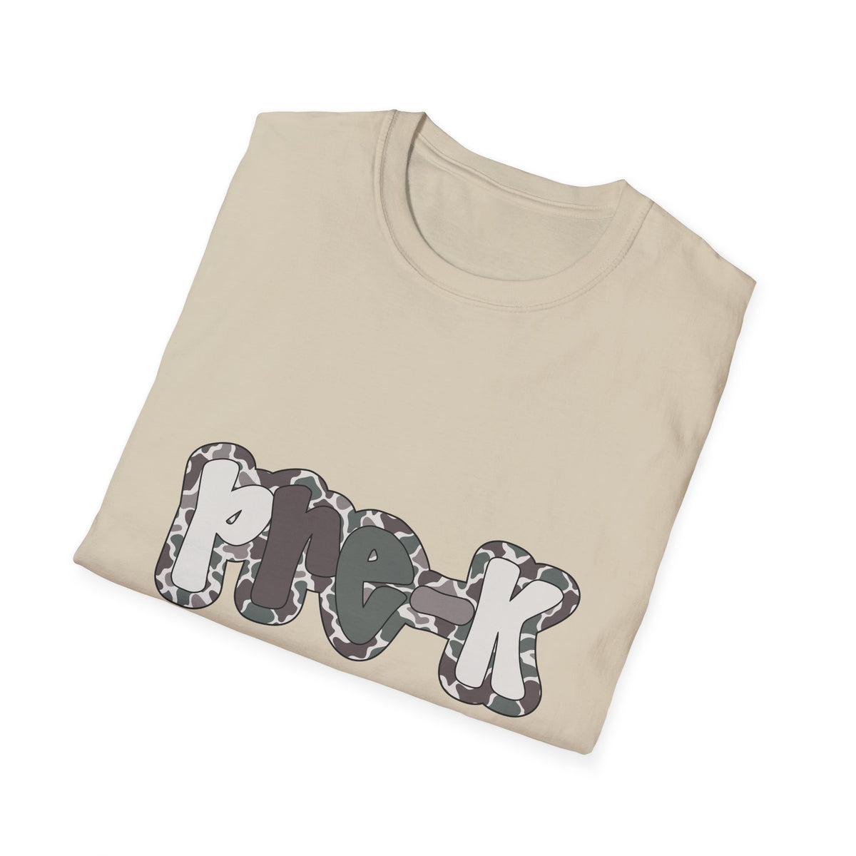 Hello Pre-K Camo Back to School T-Shirt - Sand Gildan Softstyle Tee