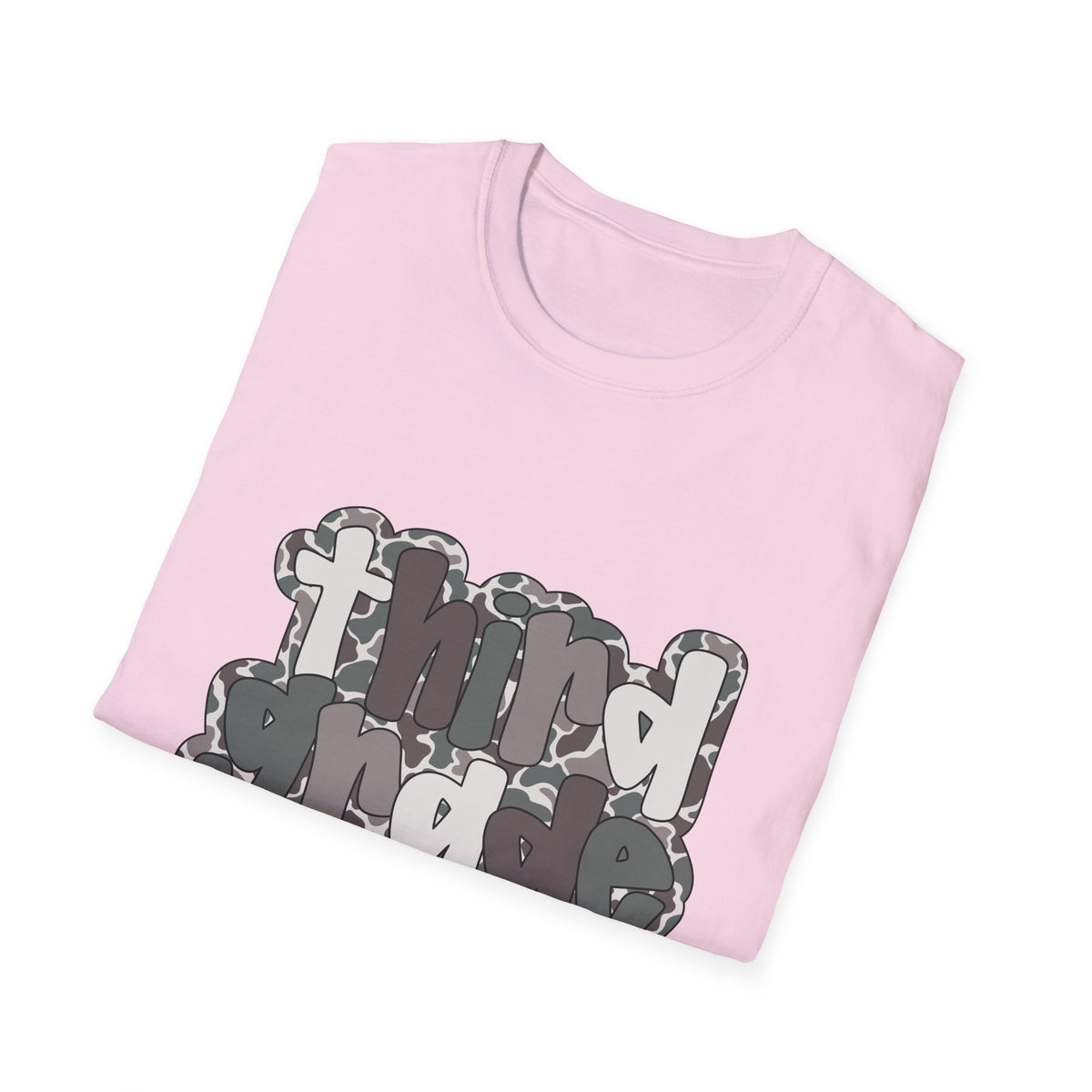 Hello Third Grade Camo Back to School T-Shirt - Light Pink Gildan Softstyle Tee
