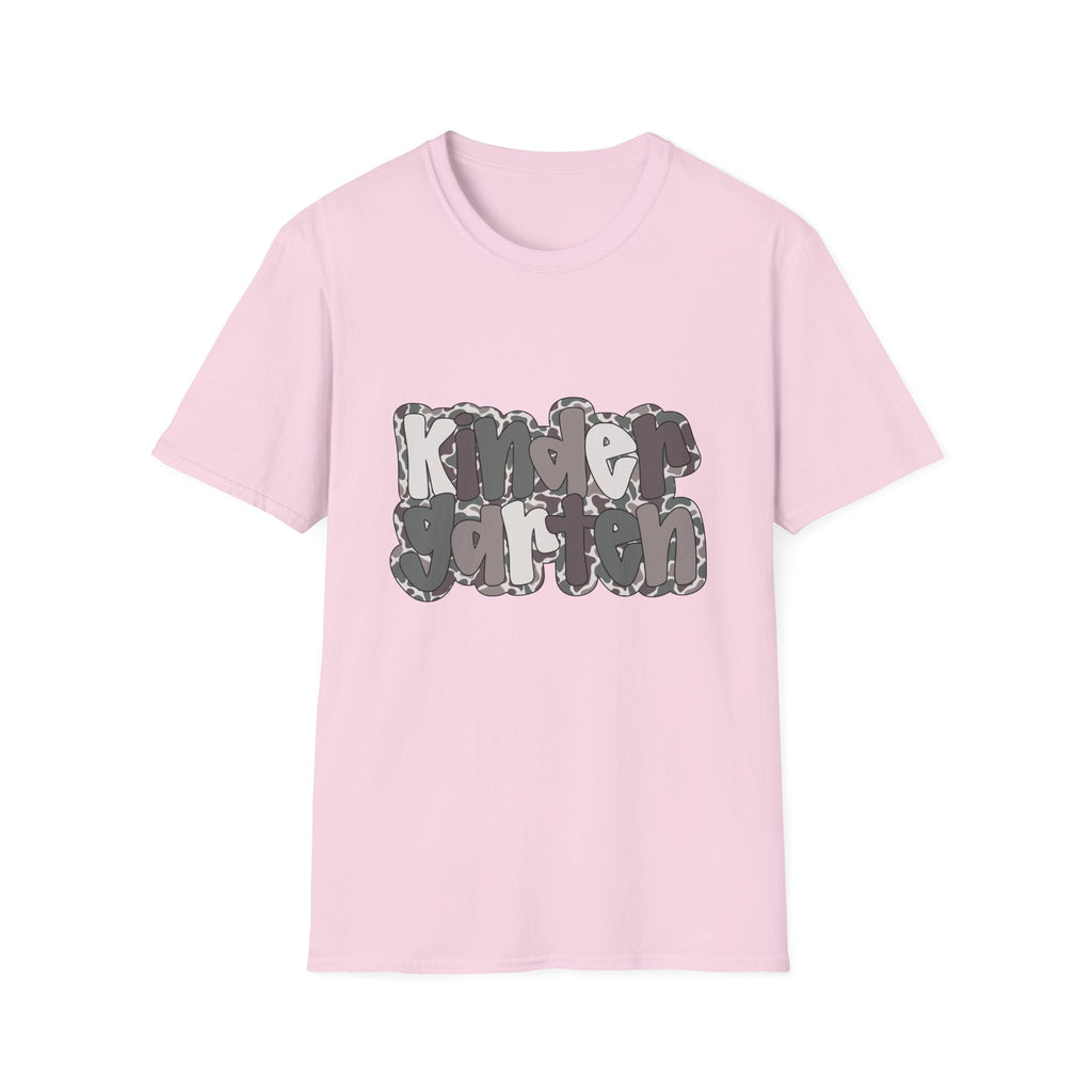 Hello Kindergarten Camo Back to School T-Shirt - Light Pink Gildan Softstyle Tee