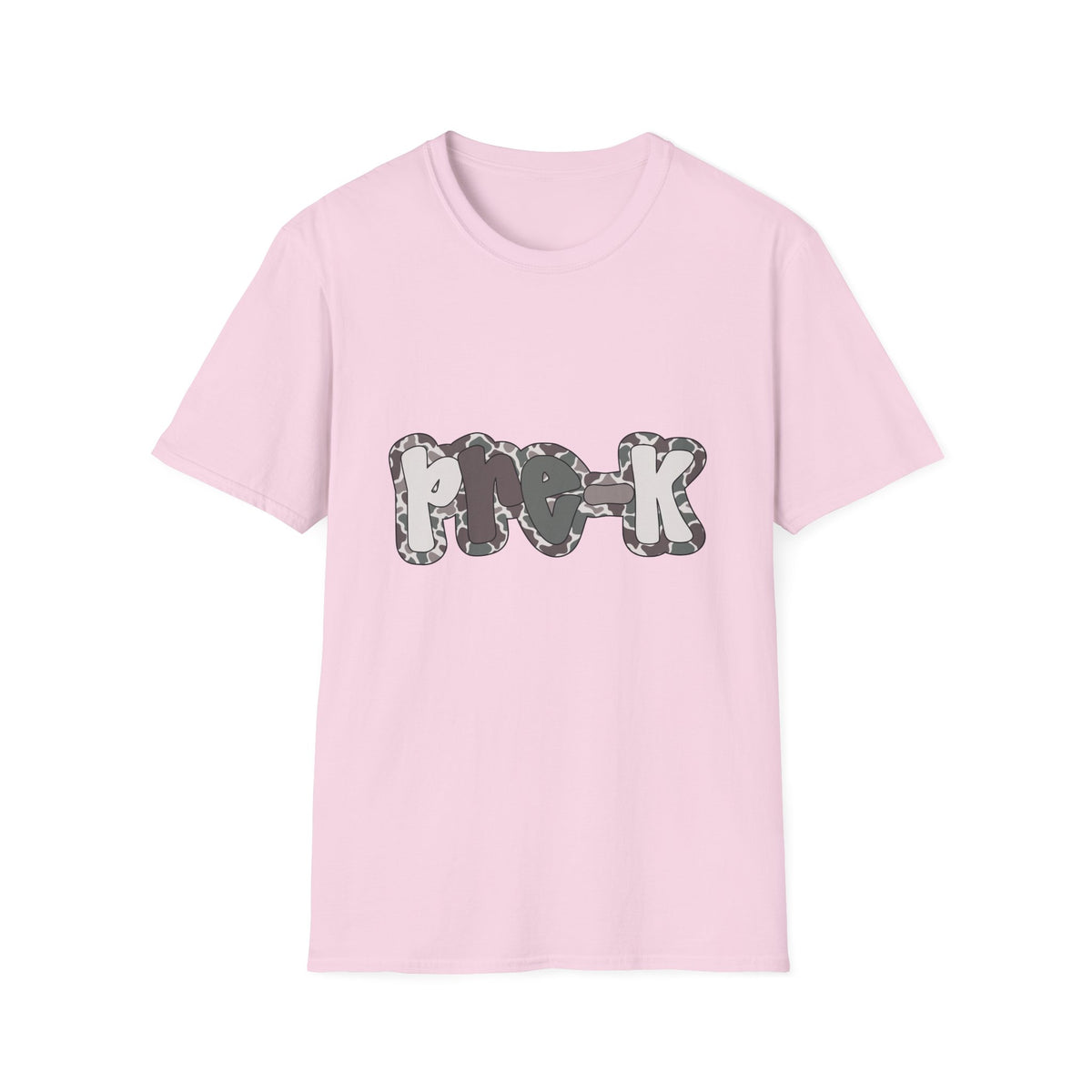Hello Pre-K Camo Back to School T-Shirt - Light Pink Gildan Softstyle Tee