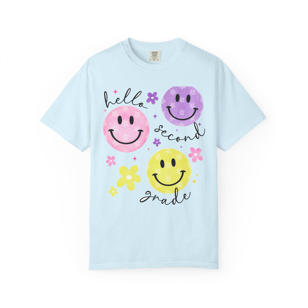 Hello Second Grade Smiley Face Back to School T-Shirt - Chambray Comfort Colors Garment-Dyed Tee