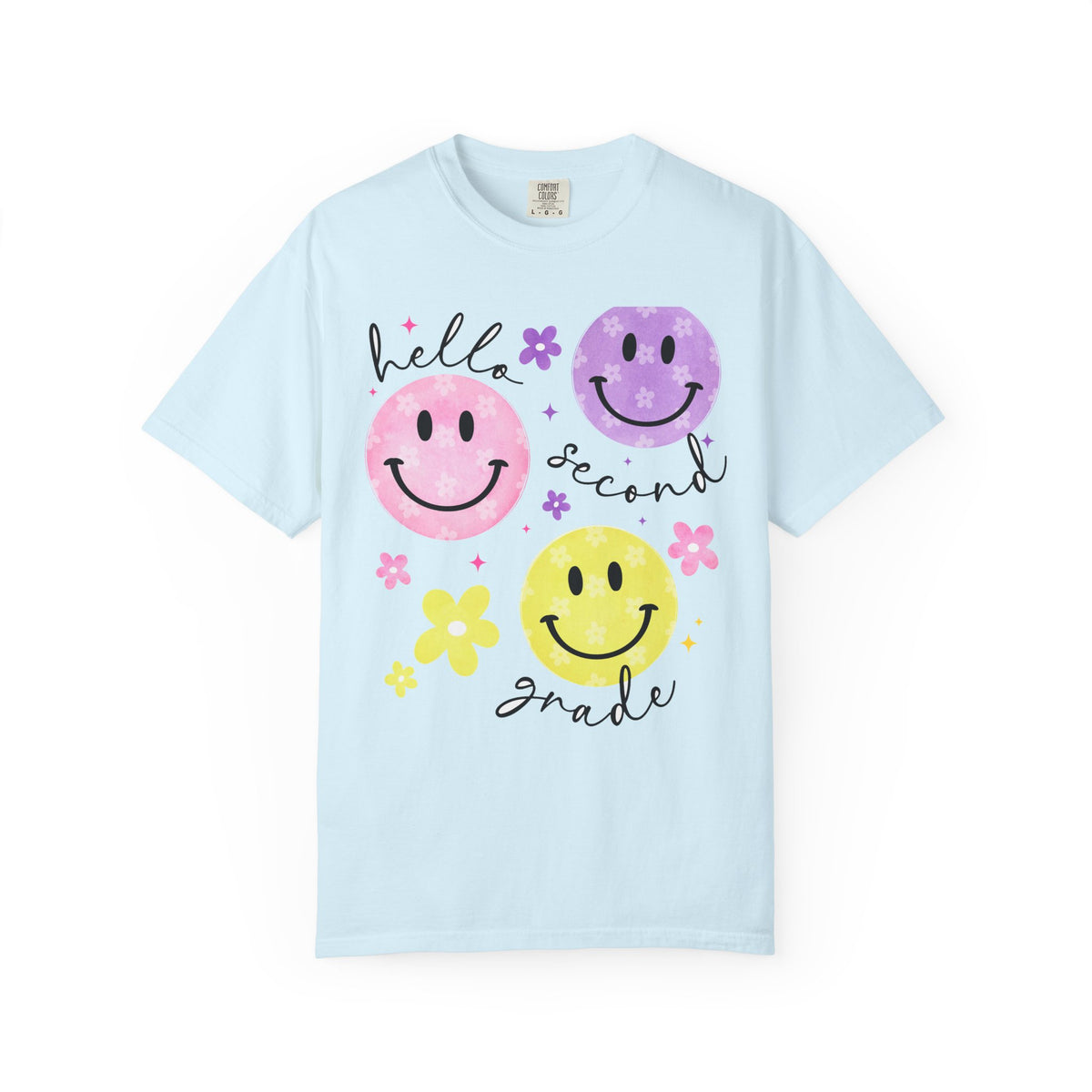 Hello Second Grade Smiley Face Back to School T-Shirt - Chambray Comfort Colors Garment-Dyed Tee