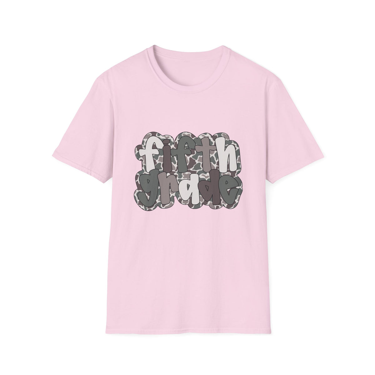 Hello Fifth Grade Camo Back to School T-Shirt - Light Pink Gildan Softstyle Tee