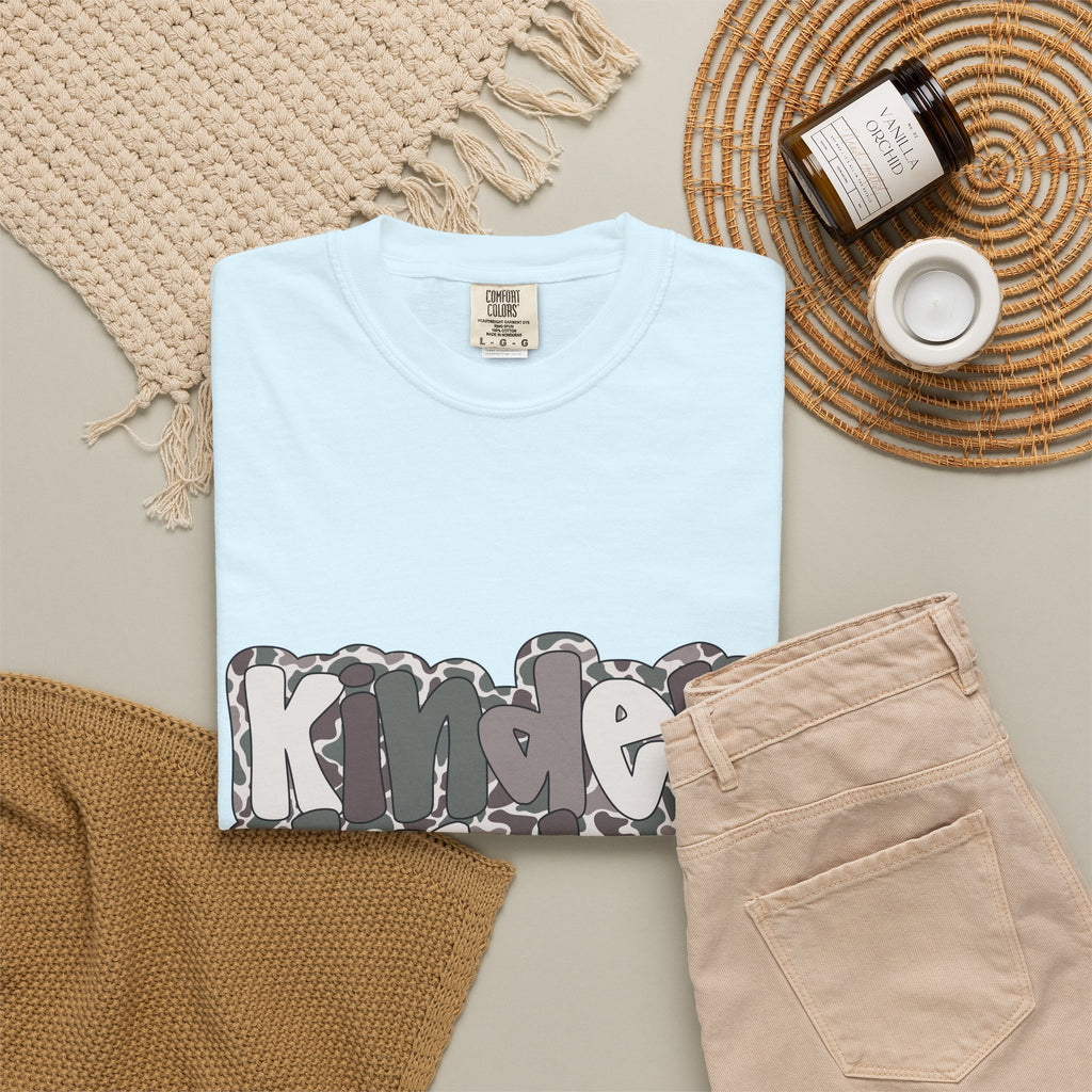 Hello Kindergarten Camo Back to School T-Shirt - Chambray Comfort Colors Garment-Dyed Tee