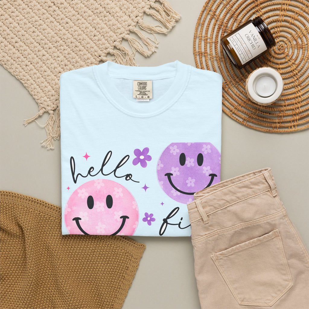 Hello First Grade Smiley Face Back to School T-Shirt - Chambray Comfort Colors Garment-Dyed Tee