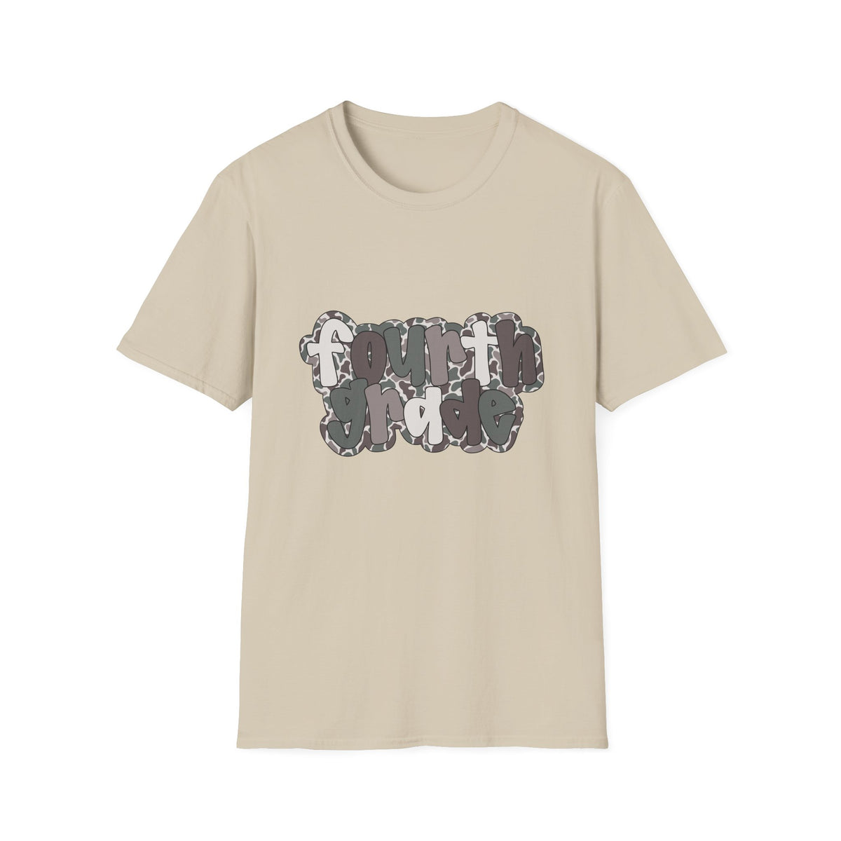 Hello Fourth Grade Camo Back to School T-Shirt - Sand Gildan Softstyle Tee