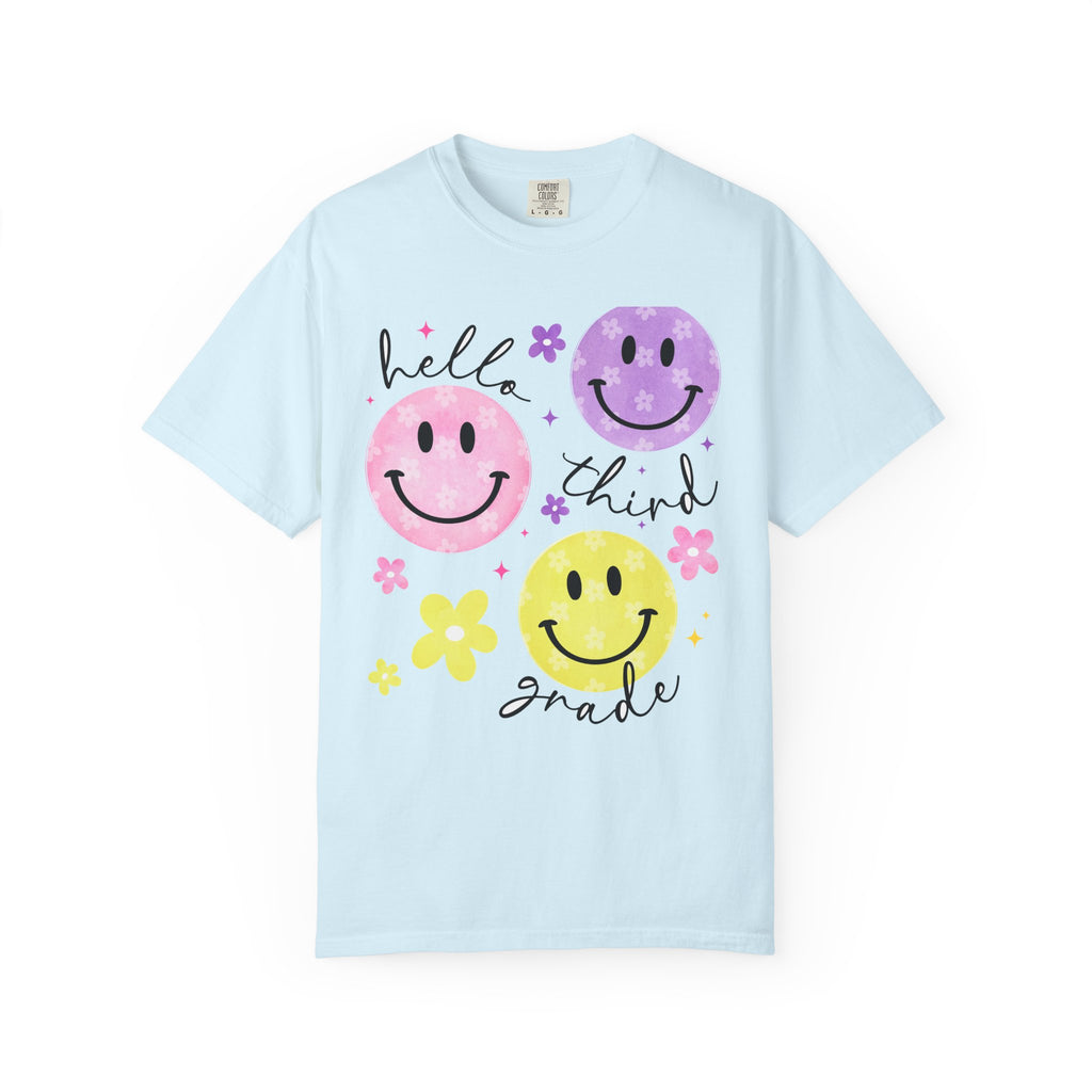 Hello Third Grade Smiley Face Back to School T-Shirt - Chambray Comfort Colors Garment-Dyed Tee